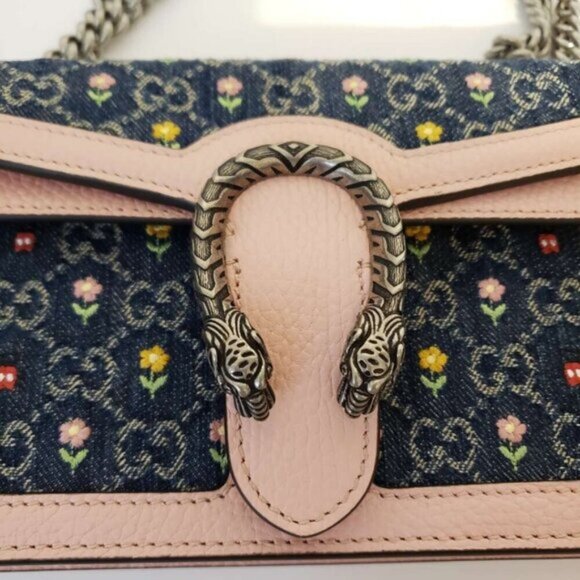 New Denim Floral Embroidered GG Monogram Dollar Calfskin Small Dionysus Bag - Picture 7 of 13